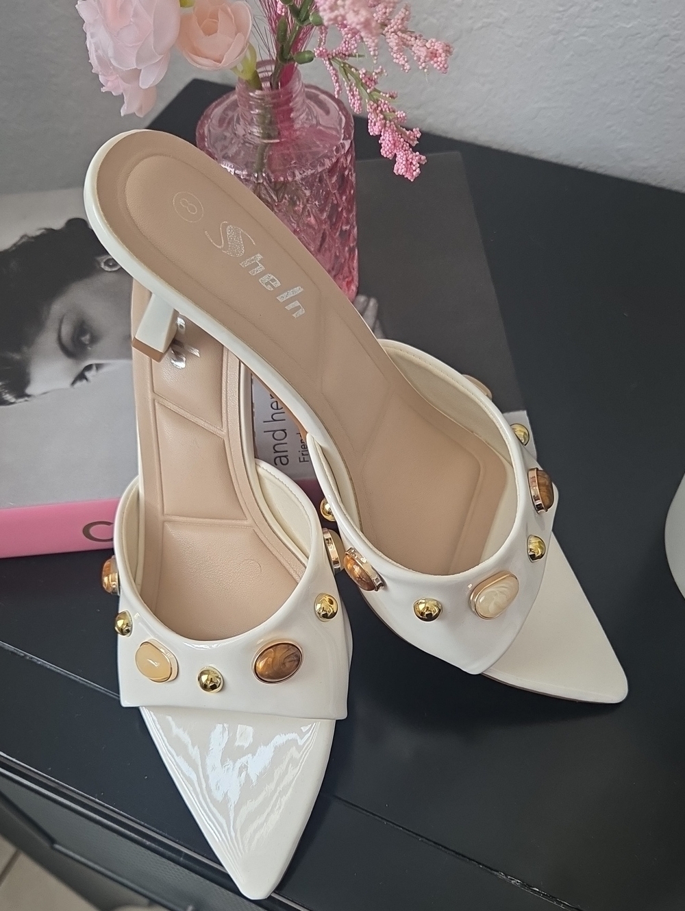 SHEIN White Patent Pointed Toe Mule Heels with Gold & Amber Studs